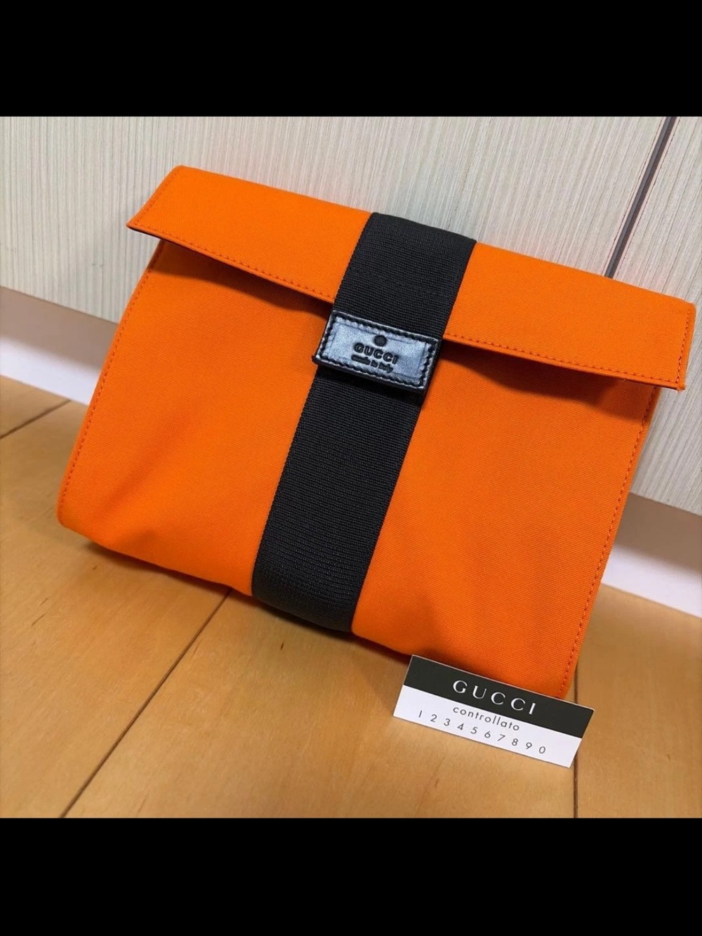 Gucci Orange Canvas Clutch with Black Web Strap
